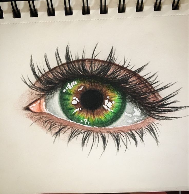 a drawing of an eye with long lashes and green eyeshade on top of it