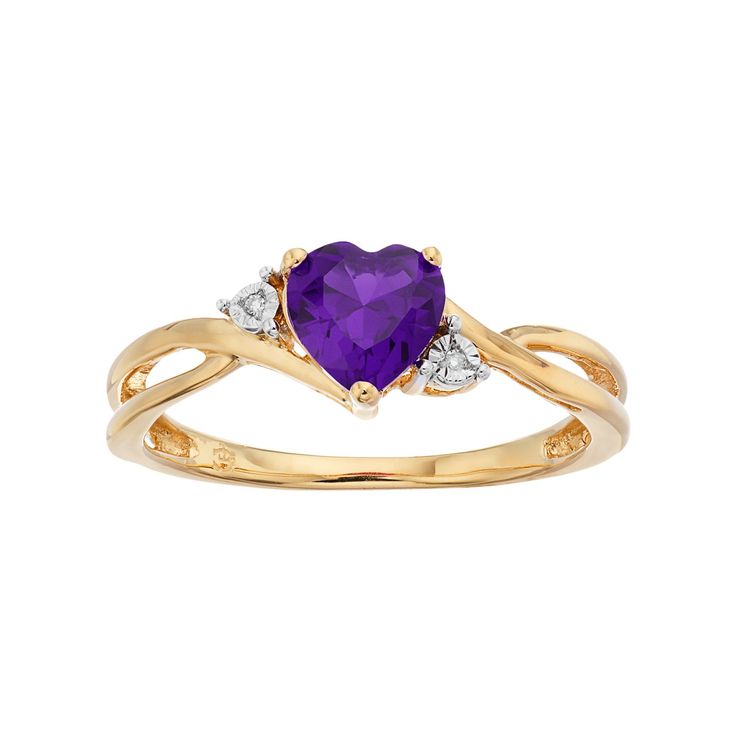 A heart-shaped amethyst gemstone serves as the focal point to this beautiful ring, while shimmering diamond accents add eye-catching style.RING DETAILSWidth: 6.5 mmMetal: 10k goldPackaging: boxedSTONE DETAILSStone type: amethystTotal weight: 3/4 ct.Center stone size: 6 mmShape: heartSetting: prongDIAMOND DETAILSTotal weight: less than 1/10 ct.Shape: single cutSetting: illusionGemstones may have been treated to enhance their appearance. Special care may be required. Please visit our Gemstone Trea Right Hand Rings, Diamond Gold, Beautiful Ring, Amethyst Gemstone, 10k Gold, Womens Jewelry Rings, Rings Statement, Fall Fashion, Beautiful Rings