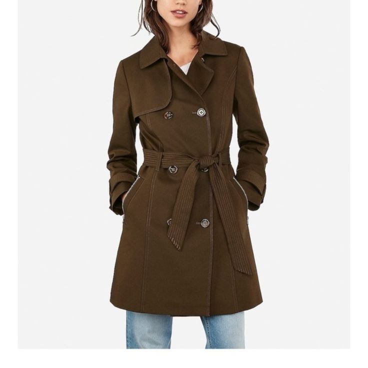 Never Worn Without Tags Xs Trench Coat In Olive Green From Express Winter Utility Outerwear With Lapel Collar, Utility Style Winter Outerwear With Lapel Collar, Utility Outerwear With Lapel Collar For Winter, Double-breasted Outerwear For Cold Fall Weather, Khaki Single Breasted Pea Coat For Fall, Fitted Long Coat For Fall, Fall Utility Outerwear With Snap Buttons, Fitted Khaki Pea Coat With Pockets, Khaki Double-breasted Outerwear For Fall