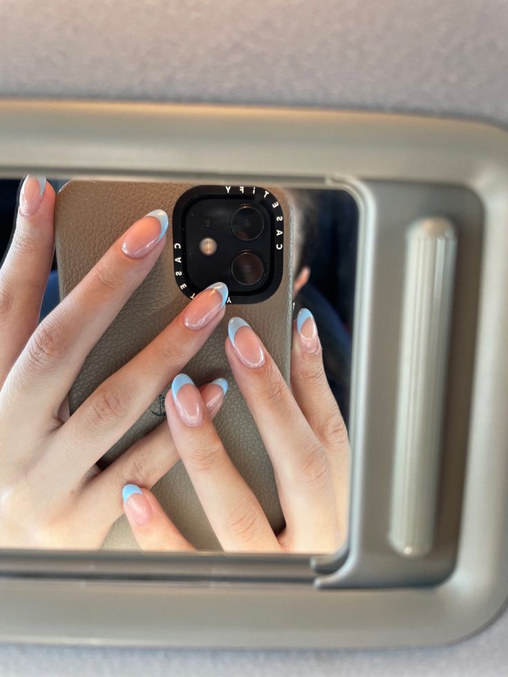 Pastel baby blue french tip Pastel Blue French Tips, Powder Blue French Tips, Nail Blue Pastel, Blue French Tip With Chrome, Light Blue French Nails, French Manicure With Blue, Uñas Baby Blue, Baby Blue French Nails, Baby Blue French Tip Nails