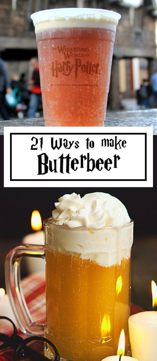 there are two cups with drinks in them and the words, 21 ways to make butterbeeer