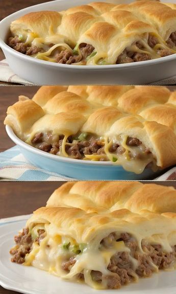 two pictures of the same casserole with meat and cheese in it on plates