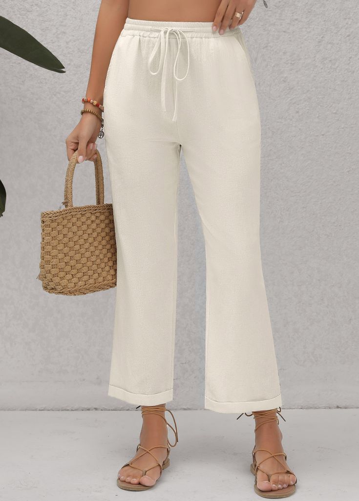 High Waist Drawstring Vacation Pants, High Waist Drawstring Pants For Vacation, White Non-stretch Drawstring Bottoms, Non-stretch High Waist Wide Leg Pants With Drawstring, Non-stretch Straight Leg Bottoms With Drawstring, White High Waist Drawstring Pants, High Waist White Drawstring Pants, White High Waist Pants With Drawstring, Drawstring Straight Pants