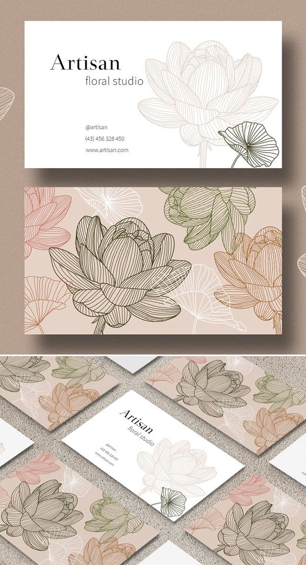 the business card is designed with flowers and leaves in pastel colors, on a beige background