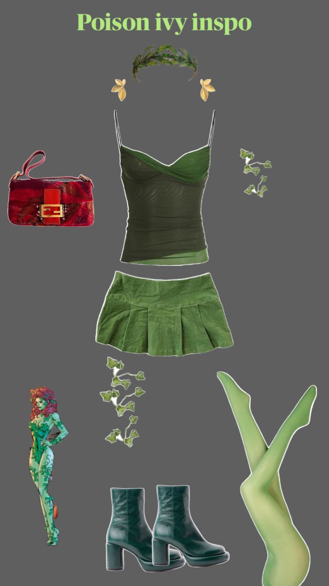 a woman's green dress and accessories are arranged on a gray background