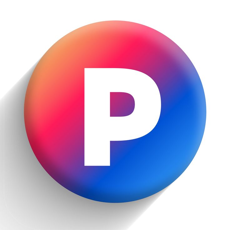 the letter p is shown in white on a blue and pink circle with a long shadow