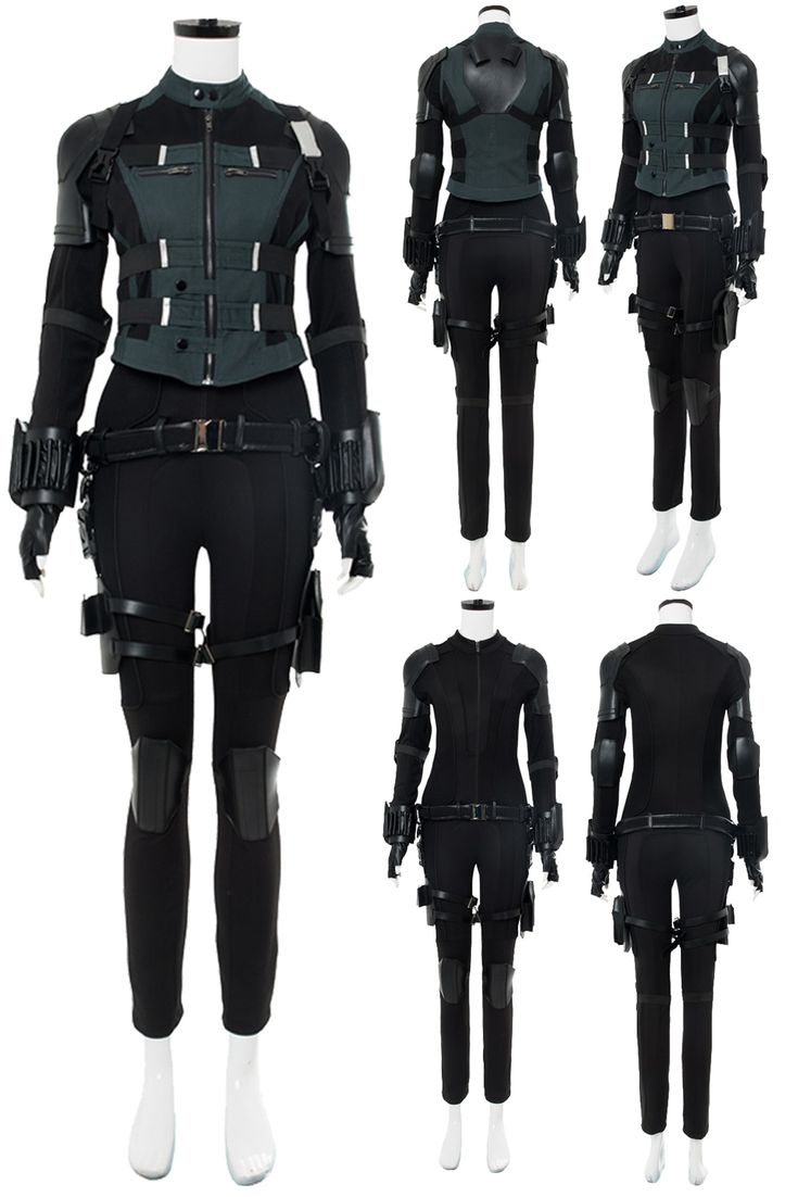 four different views of black widow costume