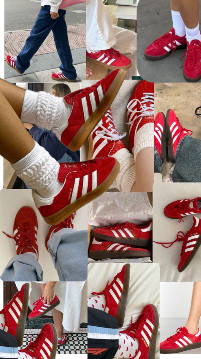 several pictures of people wearing red shoes and socks with their feet in the air,