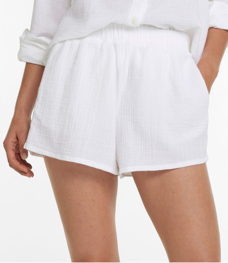 Cloud-like softness, effortless styling and a wonderfully crinkled texture in 100% cotton. These flattering cover-up shorts are the ideal layer for cool, carefree coverage by the water or a casual trip into town. Inseam 4". High-Rise (Classic Fit): Sits at waist. 100% cotton in a lightweight 4 oz. crinkled gauze. Machine wash and dry. Two hand pockets. Comfortable pull-on elastic waist. Imported. | Women's Cloud Gauze Cover-Up Shorts, Cotton Swimsuit Coverups Beach, Coverups Beach, Low Cut Swimsuit, Swimsuit Coverups, Active Swimwear, Modern Tops, Shorts Cotton, Coverup Skirt, Active Outfits