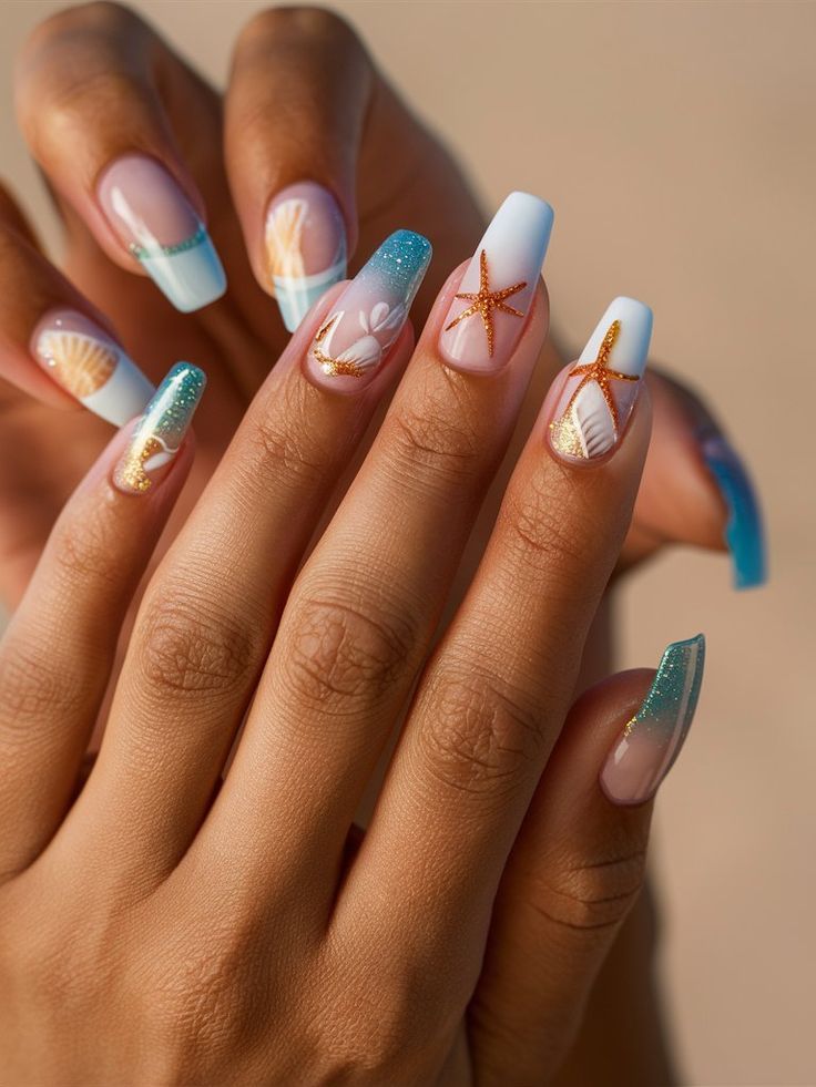 Beach Nail Designs Coffin, Beach Design Nails, Coastal Nails, Nails For Vacation, Beach Vacation Nails, Summer Holiday Nails, Turtle Nails, Beach Themed Nails, Vacation Nails Beach