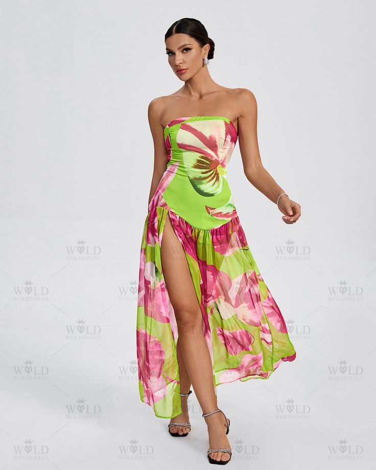 This Strapless Long Pucker Dress is the perfect option for those who want to make a statement. Its high split and strapless design embodies a feeling of sophistication and femininity. The lightweight, breathable fabric is ideal for all seasons, making it a versatile choice for any occasion. Our Style No.KLYF1217 Polyester Fiber Height - 68.9"/175cm Bust - 34.6"/88cm Waist - 25.6"/65cm Hips - 36.6"/93cm and wears size S About Wholesale/Dropshipping, please contact us! Note: Colour may vary due to Strapless Green Maxi Dress For Summer, Green Strapless Dress For The Beach, Summer Strapless Maxi Dress, Chic Strapless Dress For Beach Party, Summer Strapless Dress For Beach Cover-up, Spring Vacation Ruched Tube Top, Strapless Summer Dress For Beach Cover-up, Strapless Summer Dress For Vacation, Summer Strapless Mini Dress For Vacation