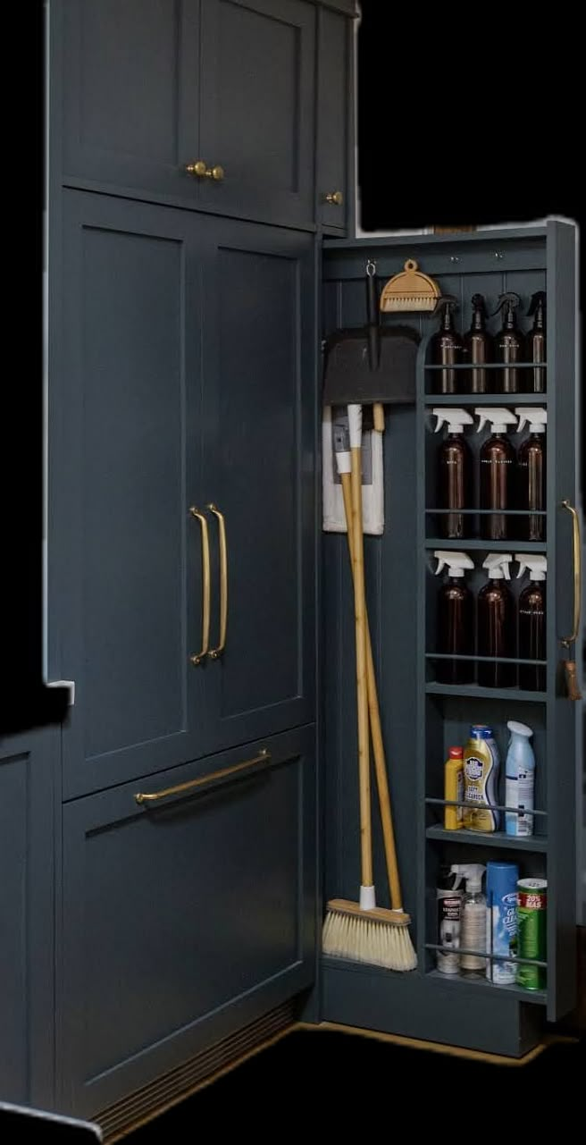 an open cabinet with cleaning supplies and brooms in the bottom section, on white background