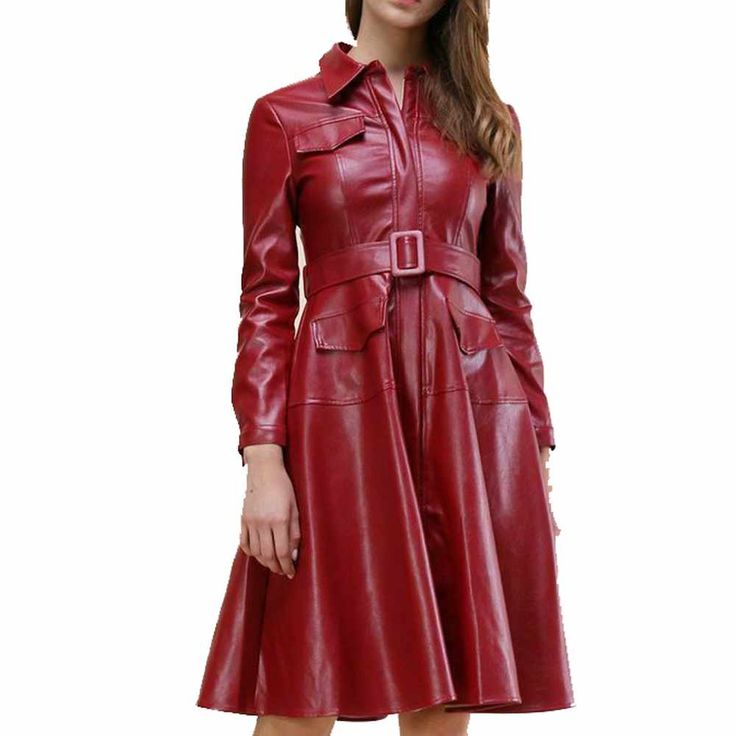 Genuine Red Leather Party Dress Coat For Women - Jacket Hunt Midi Aline Dress, Dress Coats For Women, Leather Dress Coat, Red Leather Dress, Leather Jacket Dress, Tiered Dresses, Coat For Women, Leather Mini Dress, Faux Leather Dress