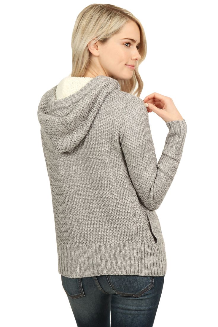 Fleece Hooded Gray Button Down Cardigan Sweater Cozy Fall Sweater With Double-lined Hood, Cozy Fit Soft Knit Hooded Outerwear, Cozy Fit Hooded Soft Knit Outerwear, Cozy Winter Sweater With Double-lined Hood, Cozy Double-lined Hooded Sweater For Winter, Long Sleeve Hoodie With Button Closure For Winter, Casual Winter Hoodie With Button Closure, Hooded Hoodie With Button Closure For Fall, Button Closure Hoodie For Fall