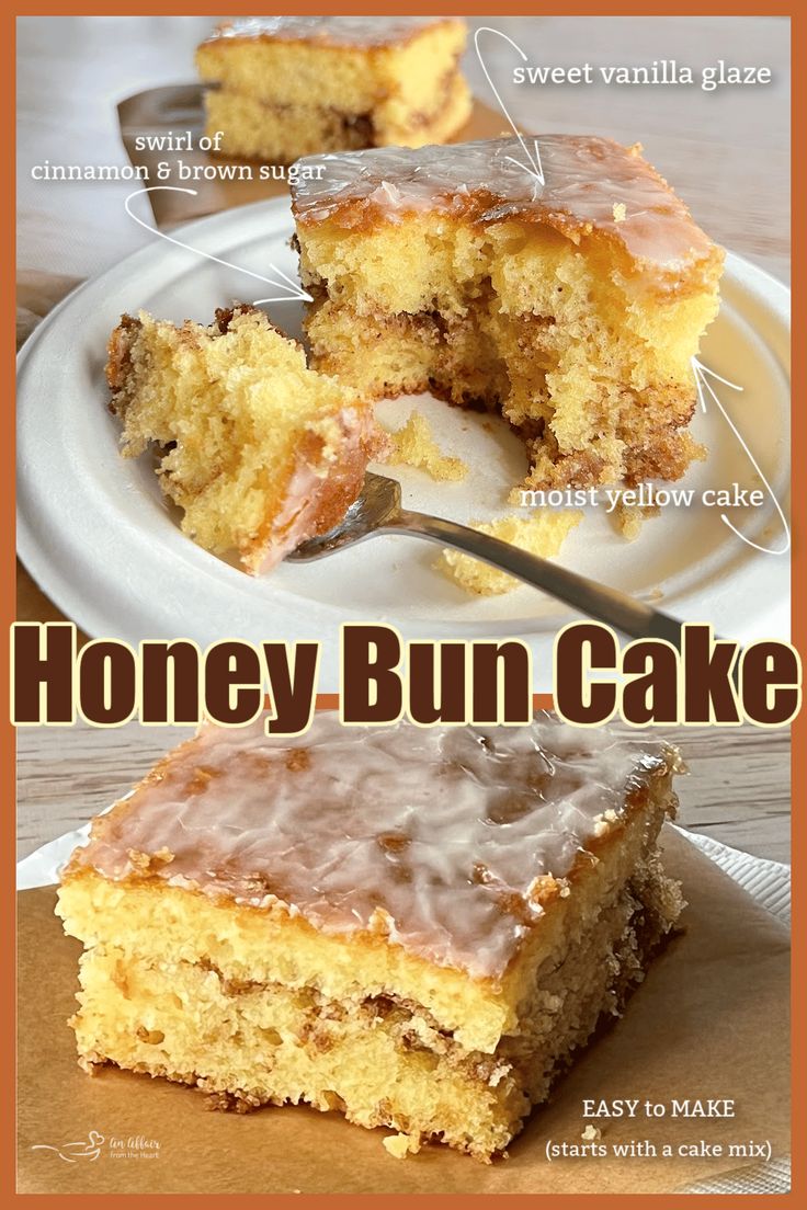 an advertisement for honey bun cake on a plate