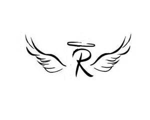 the letter r with wings is shown in black ink on a white background, as well as an angel's wing