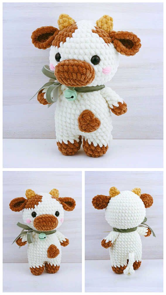 crocheted cow stuffed animal made with yarn