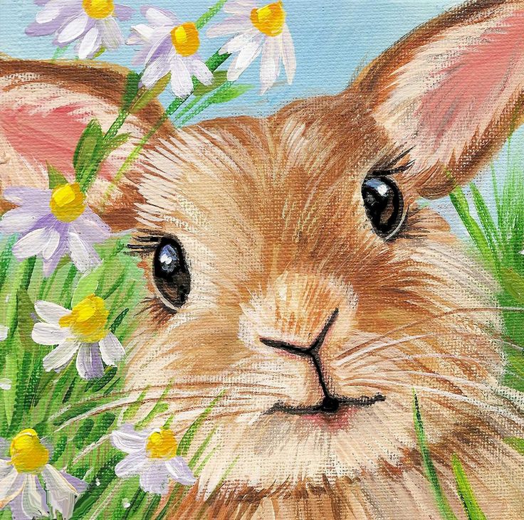 a painting of a rabbit with daisies in the grass and flowers around it's face