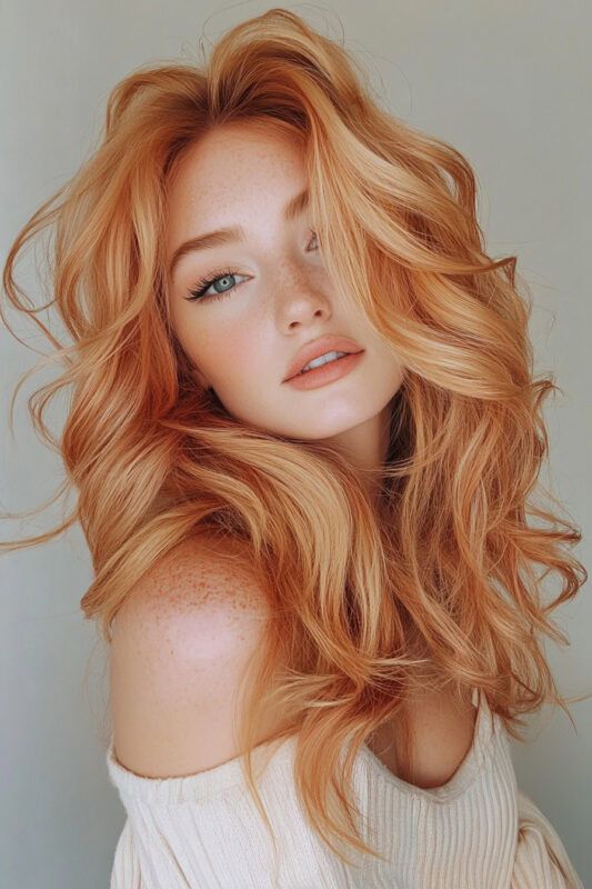 Hair Color Orange Blonde, Orange Strawberry Blonde Hair, Rudy Blond, From Red Hair To Blonde, Light Red Blonde Hair, Creamsicle Hair, Blonde Copper Highlights, Short Blonde Wavy Hair, Blonde To Red Hair