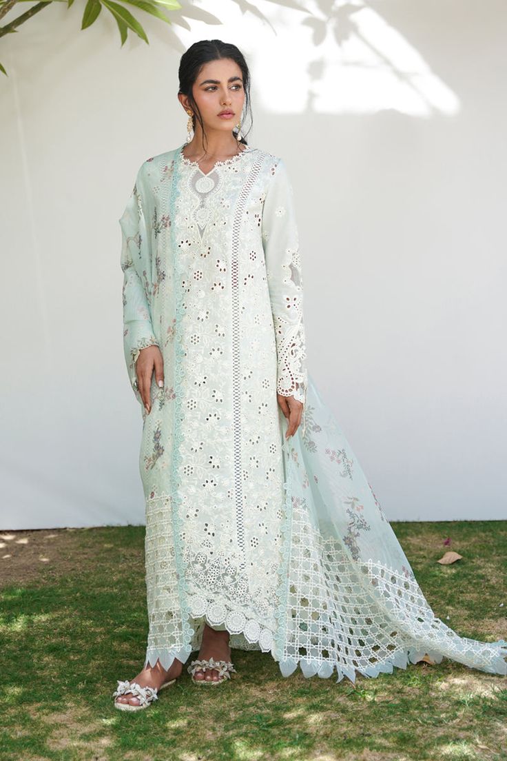 Qalamkar RT-08 Aylin Q Line Lawnkari Collection Pakistan Culture, Pakistani Boutique, Organza Sleeves, Unstitched Dress Material, Pakistani Salwar Kameez, Embroidered Border, Embroidered Dupatta, Organza Dupatta, Embroidered Neckline