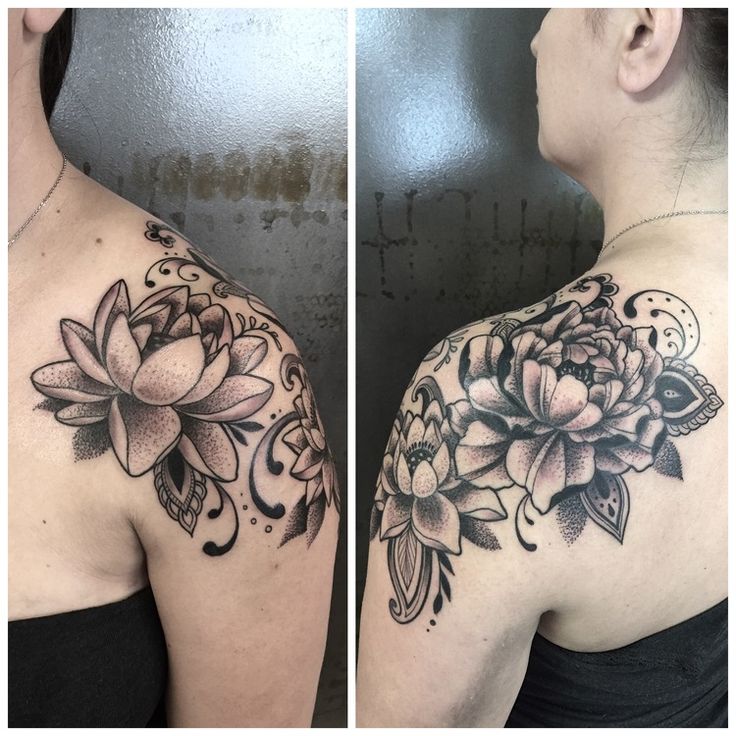 two pictures of the same woman's shoulder and arm with flowers tattooed on it