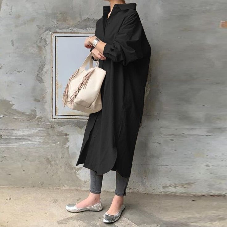 Elegant Long Lapel Neck Long Sleeve Solid Shirt Dress Outfit Autumn, Outfit Halloween, Summer Sundress, Loose Fit Shirts, Work Dresses, Cotton Shirt Dress, Ideas Outfit, Inspo Outfit, Cotton Long Sleeve Shirt