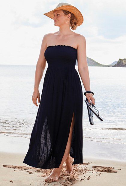 Kelly Black Side Slit Maxi Dress | Swimsuits For All Dress Swimsuit, Bandeau Maxi Dress, Mode Abaya, Strapless Maxi, Swimsuit Dress, Strapless Maxi Dress, Plus Size Swimsuits, Swimsuits For All, Cover Ups