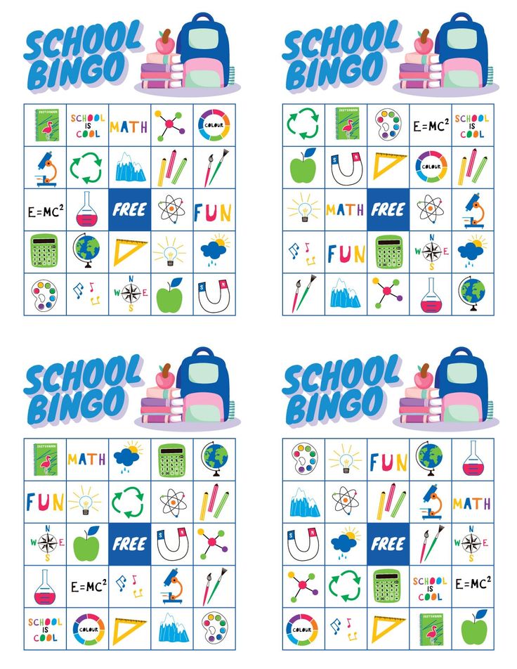 the back to school bingo game is shown in four different colors and font, along with an image of backpacks