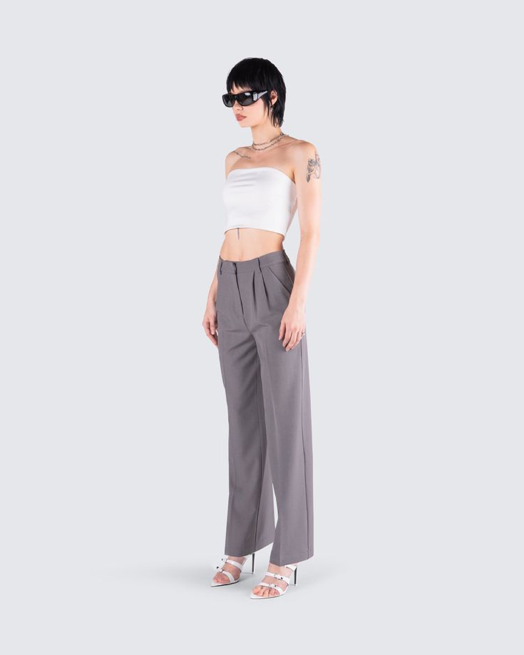 Featuring a white strapless tube top and grey tailored pants - a lil business casual moment never fails to slay 🤍 From the office to the club, this two-piece set will have everyone following your orders 😏 Chic Bandeau Bottoms For Date Night, Chic High Waist Tube Top For Date Night, Chic High-waist Tube Top For Date Night, Elegant Gray Summer Pants, Chic Formal Tube Top, Strapless Seamless Tube Top With Micro-elastic Fit, Spring Club Tube Top, Mini Length, Black Off Shoulder Top, Smart Set