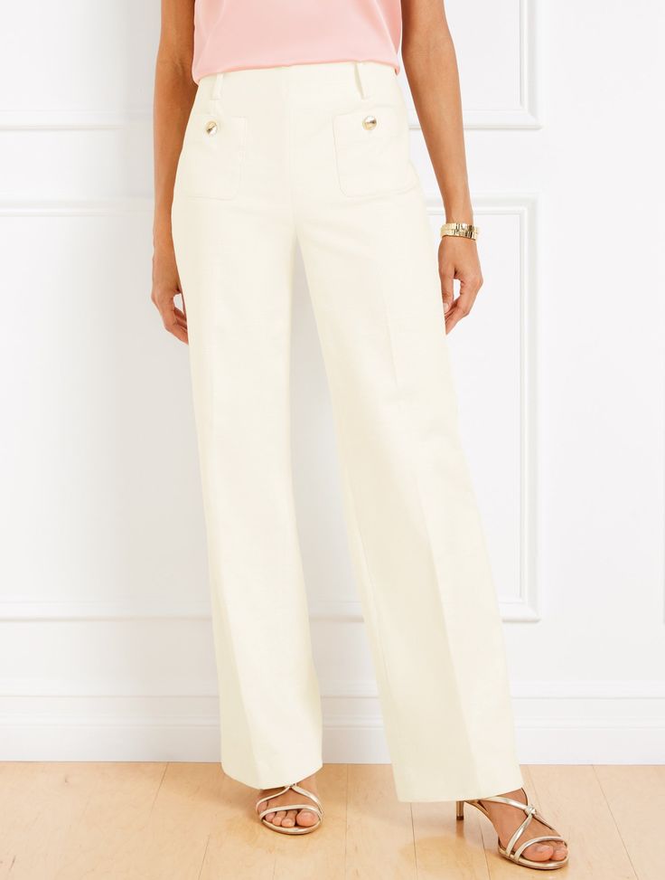 Our oh-so flattering wide-leg pants. With a perfect drape and a figure-boosting high waist. In richly textured, soft cotton with chic patch front pockets. An elevated work-to-dinner favorite. Features Side Entry Wide Leg Hits Above Waist Full Length Front Patch, Back welt pockets Lined Imported Fit: Misses: 30 1/2"; Petite: 29" Material: 99% Cotton, 1% Spandex; Lining: 100% Polyester Care: Dry Clean | Textured Cotton Wide Leg Pants Talbots Modern Wide Leg Pants With Welt Pockets, Chic Full Length Bottoms With Patch Pockets, Elegant Wide Leg Cotton Pants, Chic Cotton Wide Leg Pants For Business Casual, Chic Wide Leg Cotton Pants For Work, Chic Full-length Pants With Patch Pockets, Chic Wide Leg Work Pants With Patch Pockets, Chic Wide Leg Pants For Workwear With Patch Pockets, Elegant Wide Leg Work Pants With Side Pockets