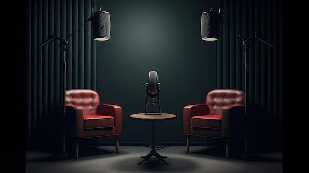 two red chairs sitting next to each other in front of a microphone on a table