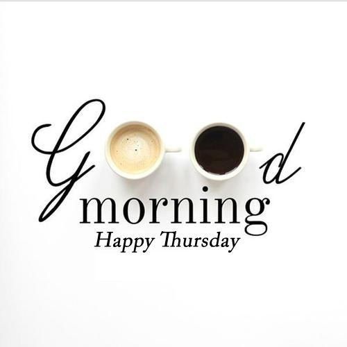 two cups of coffee sitting on top of each other with the words good morning happy thursday