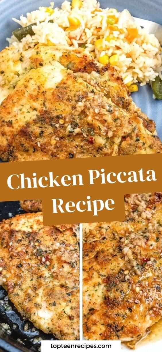 chicken piccata recipe on a plate with rice