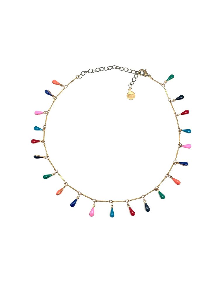 Everyone's favorite - a new style of our best-selling Enameled Fringe Choker! New drop shape, new rainbow multi-colored tones. Materials: Enameled brass beaded chain Size: 13-16" adjustable *pro tip: wrap twice to wear as a bracelet! A note from Brit: I am SO HONORED to have a piece from Stone Cooper named after me. Kat is such a kind, beautiful, intentional person with so much grit and determination. Please support her this Holiday season! Multicolor Enamel Teardrop Jewelry, Multicolor Teardrop Enamel Jewelry, Multicolor Teardrop Drop Necklace For Gift, Trendy Multicolor Adjustable Jewelry, Trendy Multicolor Teardrop Jewelry, Adjustable Teardrop Metal Drop Necklace, Adjustable Metal Teardrop Drop Necklace, Adjustable Multicolor Enamel Necklace, Adjustable Teardrop Necklace With Colorful Beads