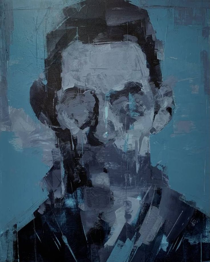 a painting of a man with glasses on it's face, in blue and black