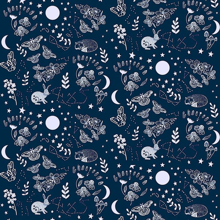 a blue and white pattern with stars, moths, and moon