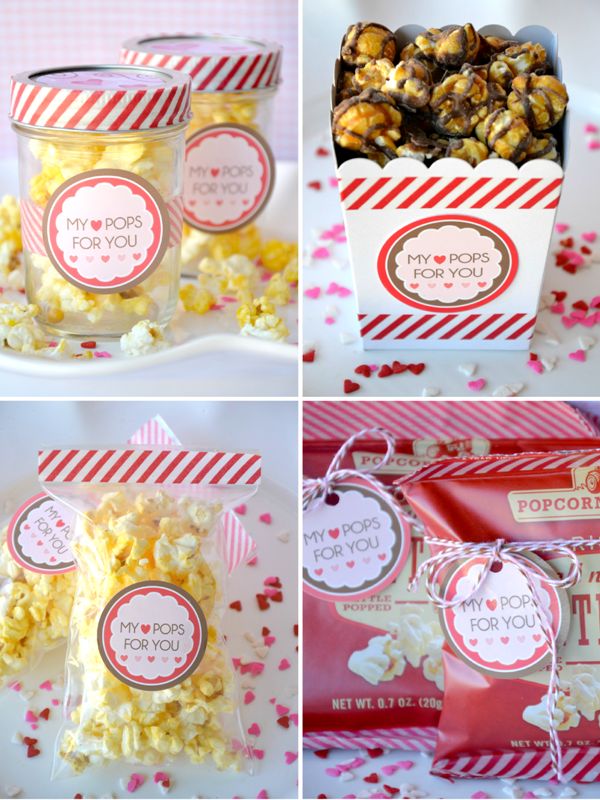 four different pictures of popcorn in small containers with tags on them and hearts around the bag