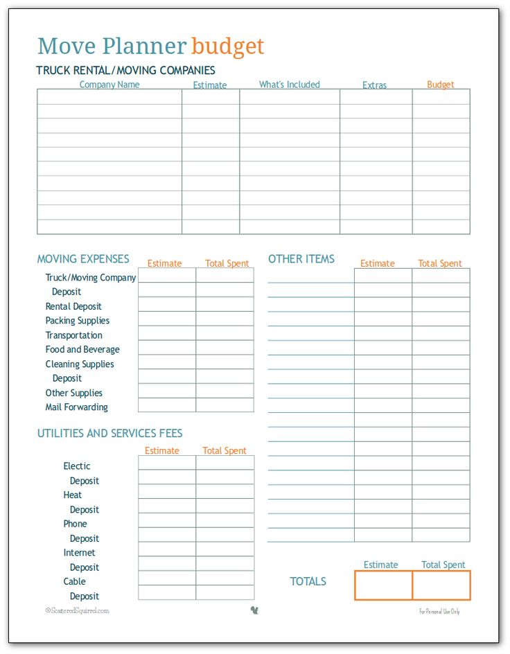 a printable moving planner with the words move planner budget on it and an orange arrow pointing