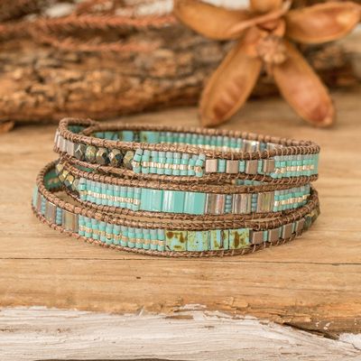 Glass Beaded Wrap Bracelet in Turquoise from Guatemala - Mayan Monolith | NOVICA Beaded Wrap Bracelets, Beaded Wraps, Bracelet Ideas, Leather Wrap Bracelet, Leather Wraps, Beading Patterns, Jewelry Ideas, Guatemala, Elegant Dresses