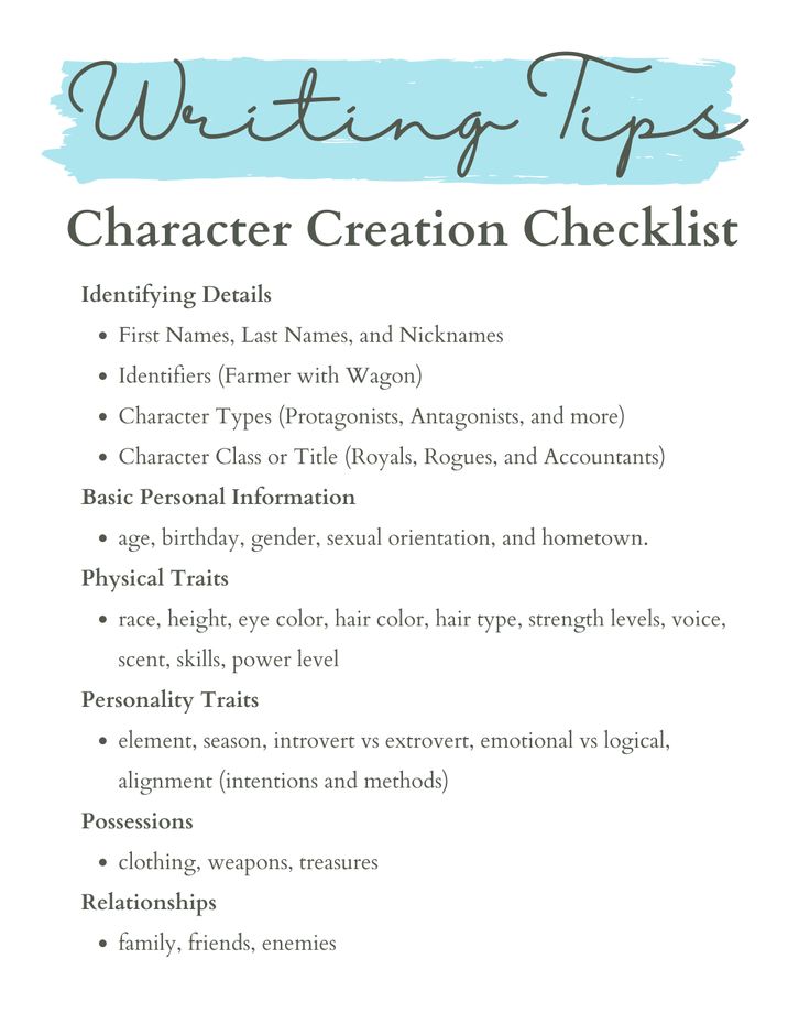 the writing tips for character creation checklist is shown in blue and white with text