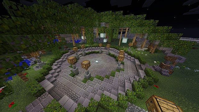 an image of the inside of a house in minecraft with trees and bushes around it