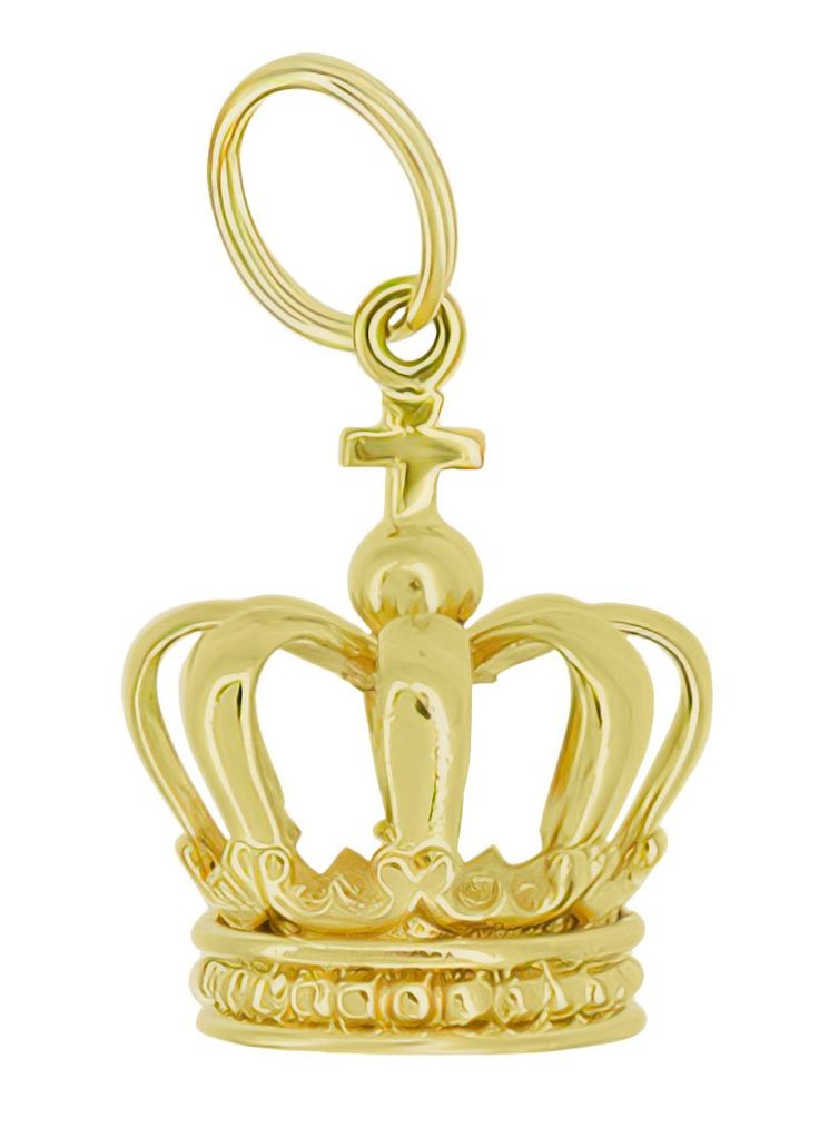 Treat yourself to the very best with this elegant yellow gold royal crown charm - throne not included! Crafted in solid 14K yellow gold, this lavish three dimensional charm features a high polish and a detailed design, with a scalloped and beaded motif encircling the crown. A cross atop the crown completes the design. This beautiful and unique charm is perfect for wear as a pendant on a neck chain or can be easily and securely attached to your special charm bracelet with the included large 14K y Luxury Crown Design Gold Jewelry, Luxury Gold Crown Design Jewelry, Luxury Gold Crown Jewelry, Luxury Gold Jewelry With Crown Design, Luxury Yellow Gold Crown Jewelry, Regal Gold Jewelry With Crown Design, Luxury Yellow Gold Crown-shaped Jewelry, Regal Gold Teardrop Crown, Gold Crown For Gift With Structured Shape