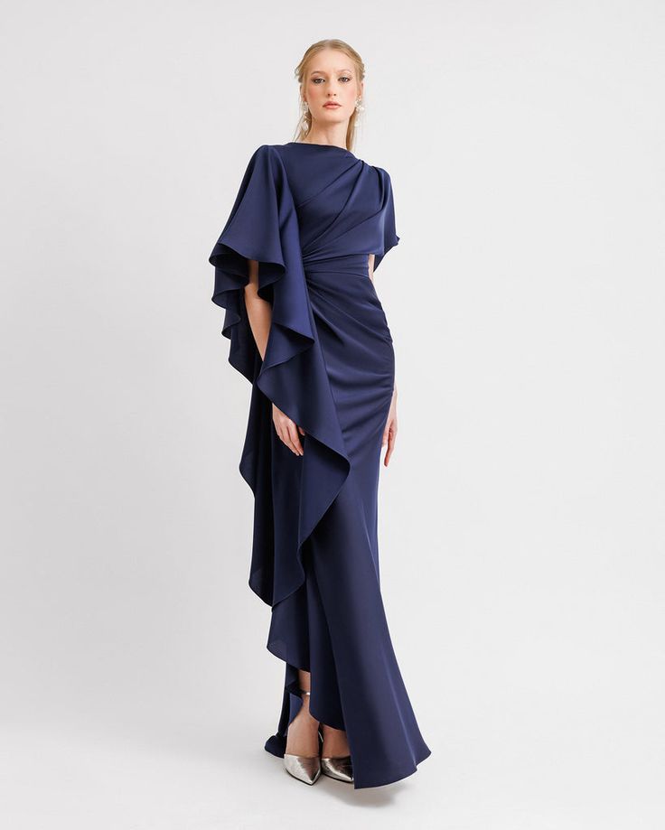 Asymmetrical Ruffled Draped Navy Dress Royal Wedding Outfits Guest, Navy Blue Outfit Ideas, Ruffle Dress Long Sleeve, Long Sleeve Blue Dress, Satin Drape Dress, Navy Long Dress, Navy Blue Fashion, Draped Gown, Navy Bridesmaid Dresses