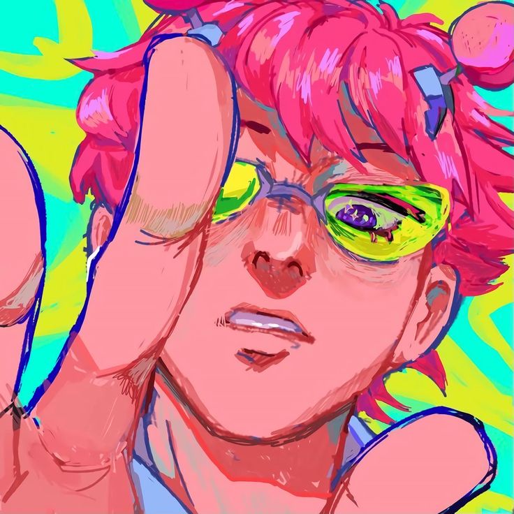 a drawing of a person with pink hair and green glasses holding their hand up to the side