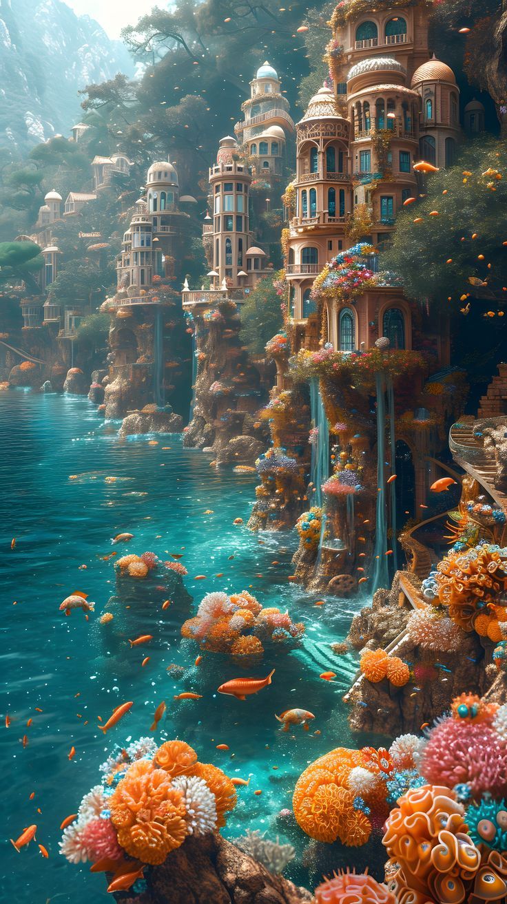 an underwater scene with corals and fish swimming in the water, surrounded by buildings