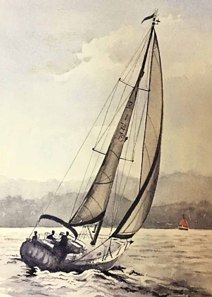 a painting of a sailboat in the water with two people on it's side