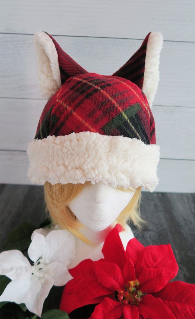 Christmas Cabin Plaid Cat Fleece Hat - Sherpa Hat Winter Costume Cat Ears Hats And Headpieces, Winter Novelty Cat Ears Hat, Novelty Cat Ears Winter Hat, Novelty Winter Mini Cap, Novelty Mini Cap For Winter, Adjustable Winter Hats For Costume Events, Adjustable Hats For Winter Costume, Novelty Cat Ears Costume Hats For Winter, Winter Cosplay Beanie Hat