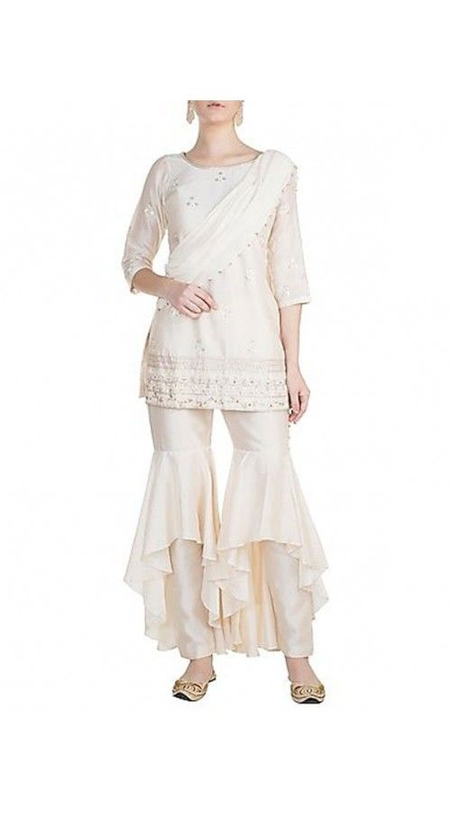 Long Crop Top In Off White White Designer Sets, White Silk Sharara With Mirror Work, Elegant Fitted White Palazzo Set, Elegant White Fitted Palazzo Set, Elegant Off White Palazzo Set With Mirror Work, Elegant White Palazzo Set For Formal Occasions, Elegant White Formal Palazzo Set, Designer White Sets With Cutdana, Designer White Party Sets