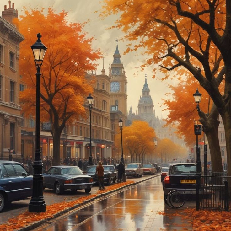 an oil painting of a city street with autumn leaves on the ground