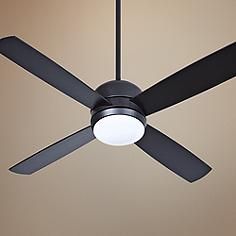 a black ceiling fan with two lights on it's blades and a light bulb